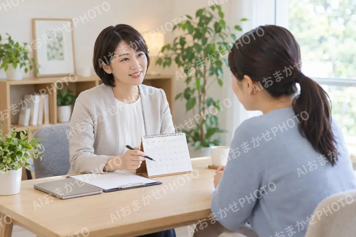 相談のあとで次の予約を決めるカウンセラーと相談に来た人（カウンセリング（心理相談）の写真 No.42）