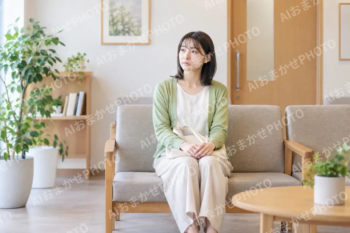 待合のソファで順番を待つ人（カウンセリング（心理相談）の写真 No.44）