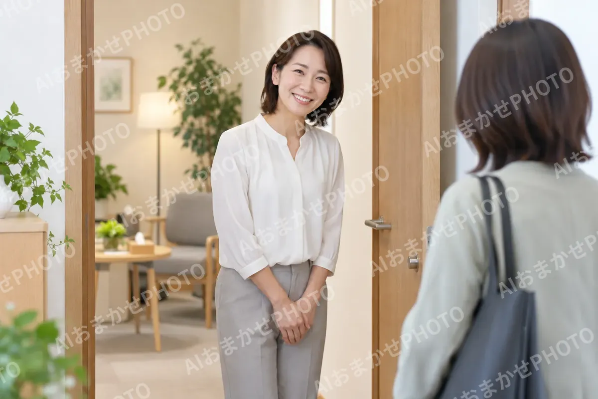 相談室の入口で見送るカウンセラー（カウンセリング（心理相談）の写真 No.45）