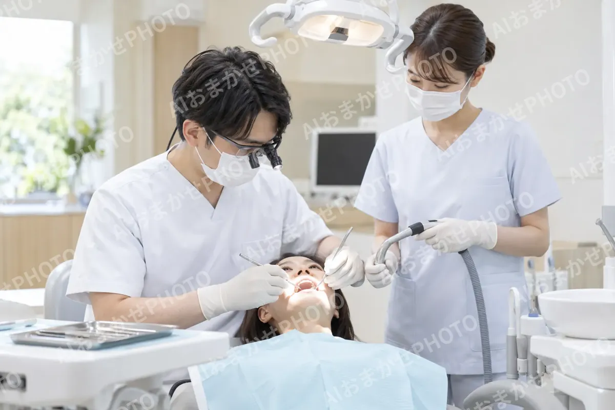 患者さんの歯を治療する歯科医師と助手（歯科の写真 No.25）