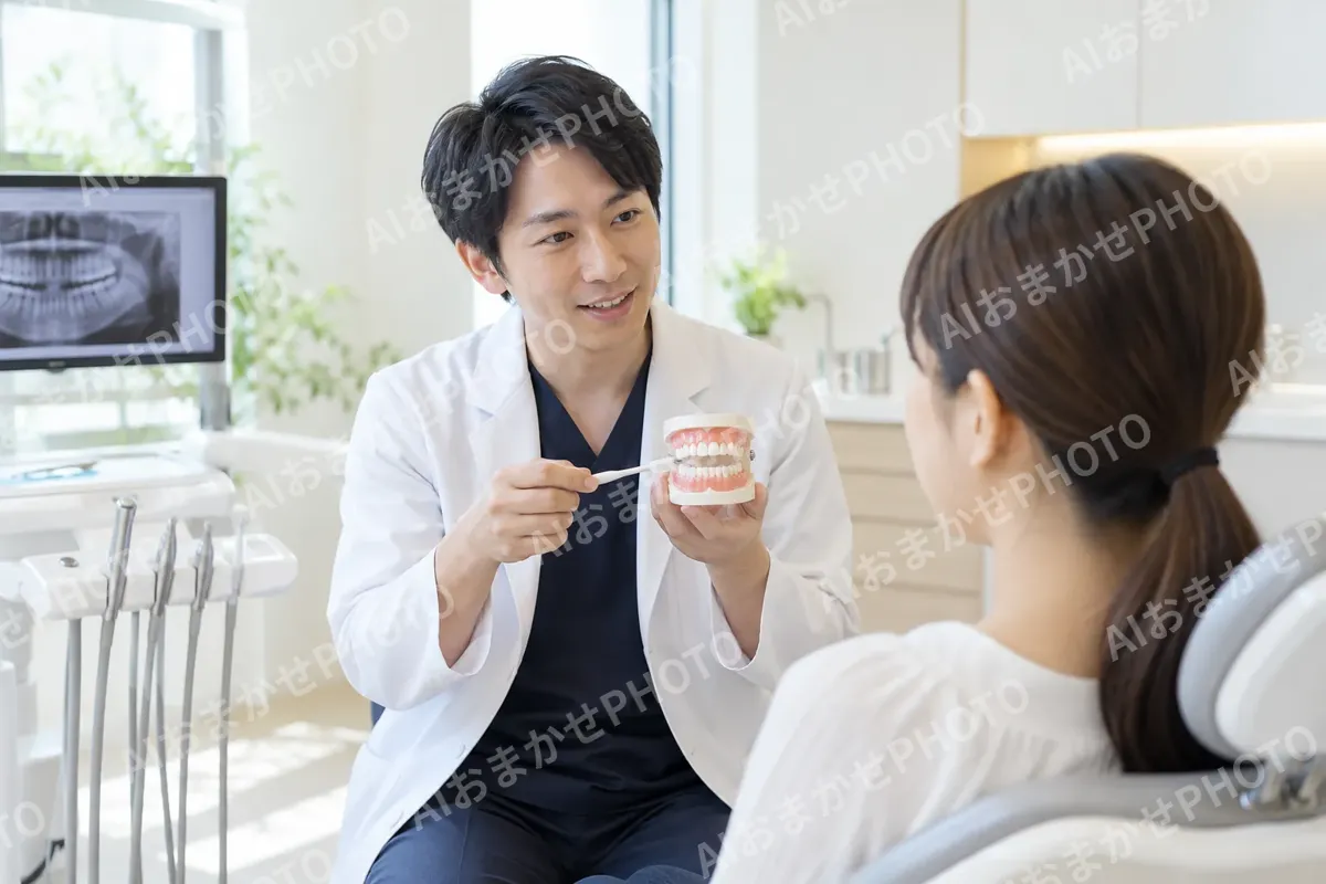 歯の模型を使って説明する歯科医師（歯科の写真 No.28）