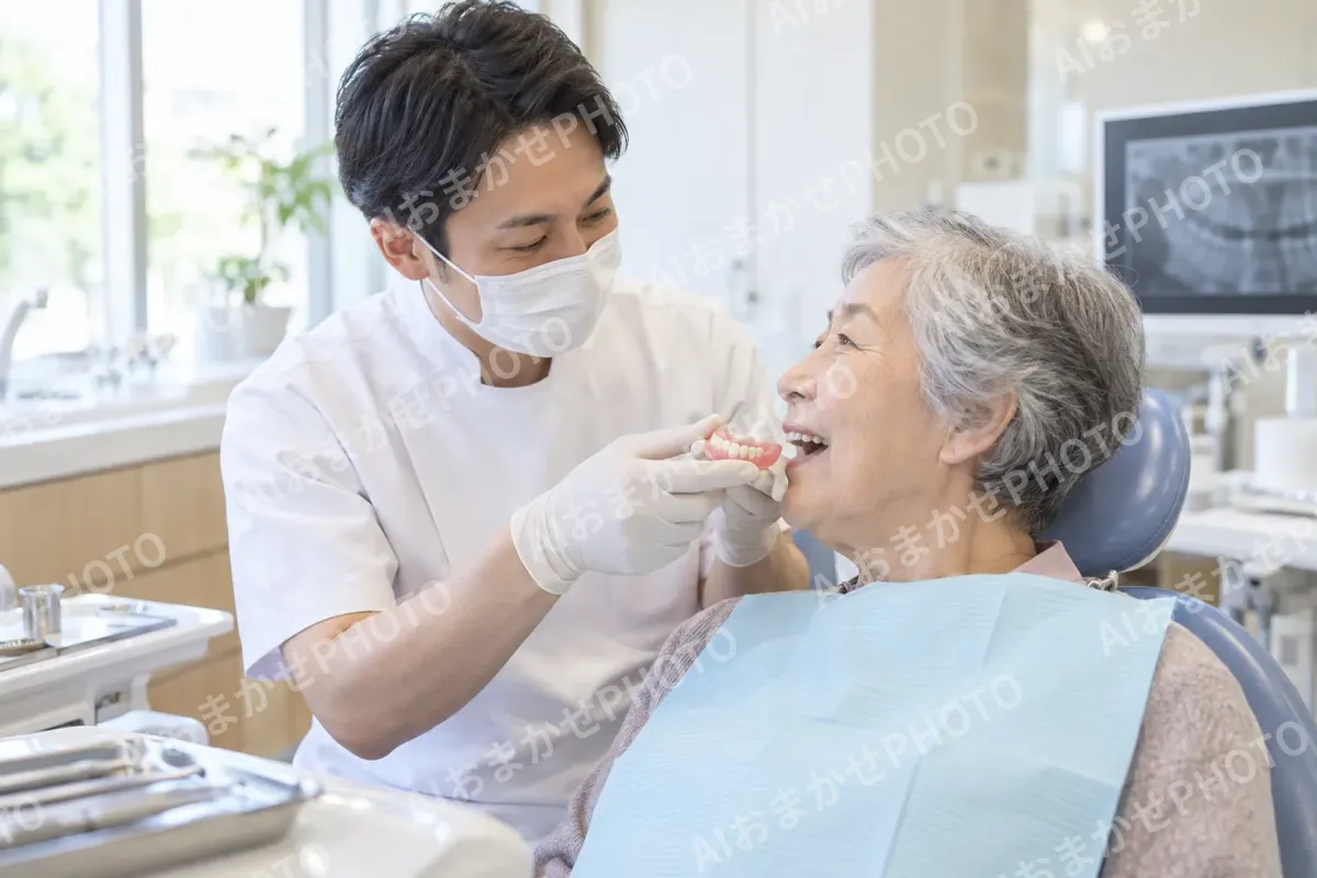 入れ歯を合わせる歯科医師とお年寄りの患者さん（歯科の写真 No.34）