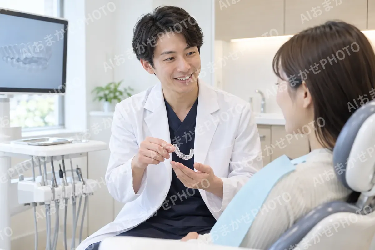 マウスピースをわたして説明する歯科医師（歯科の写真 No.36）