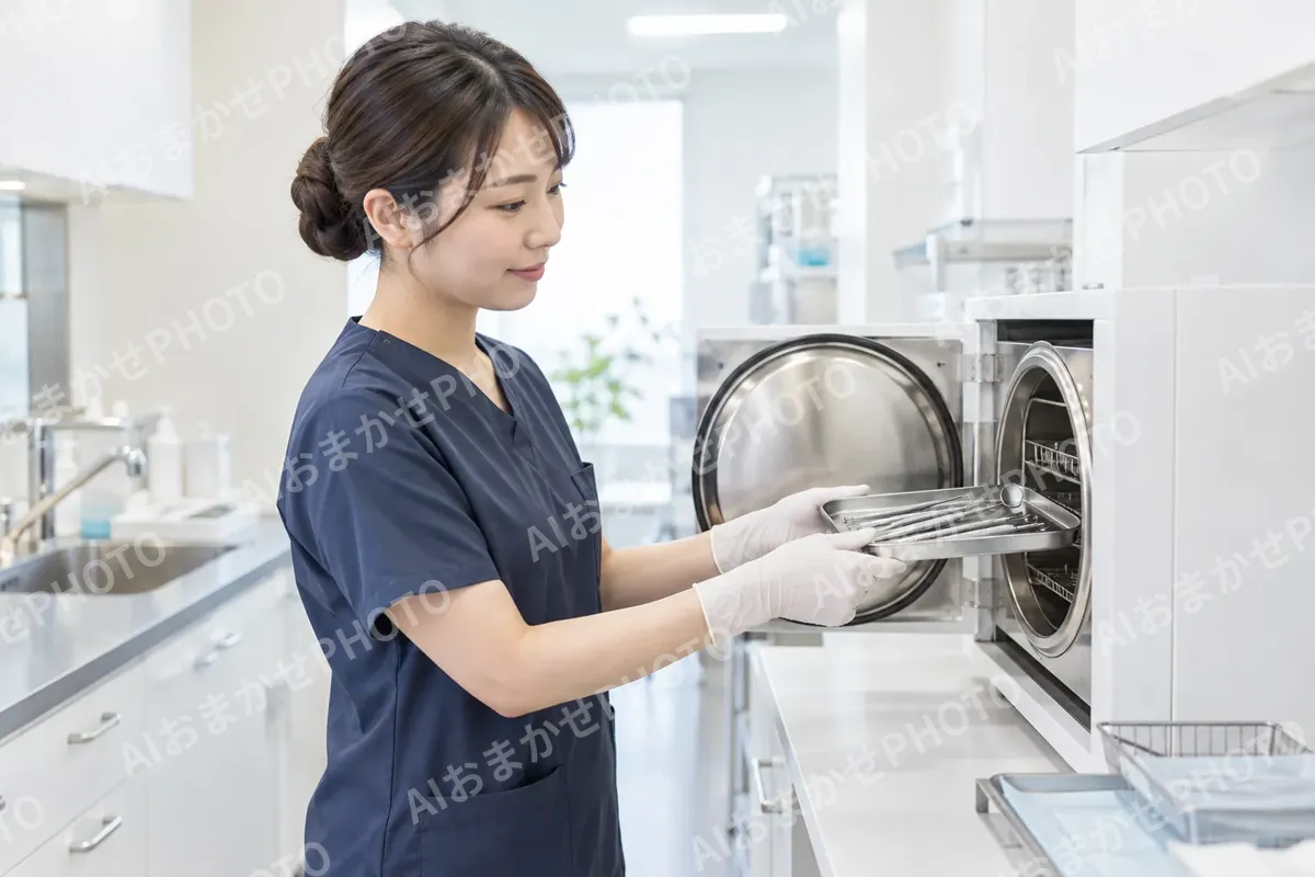 器具を滅菌の機械に入れるスタッフ（歯科の写真 No.39）