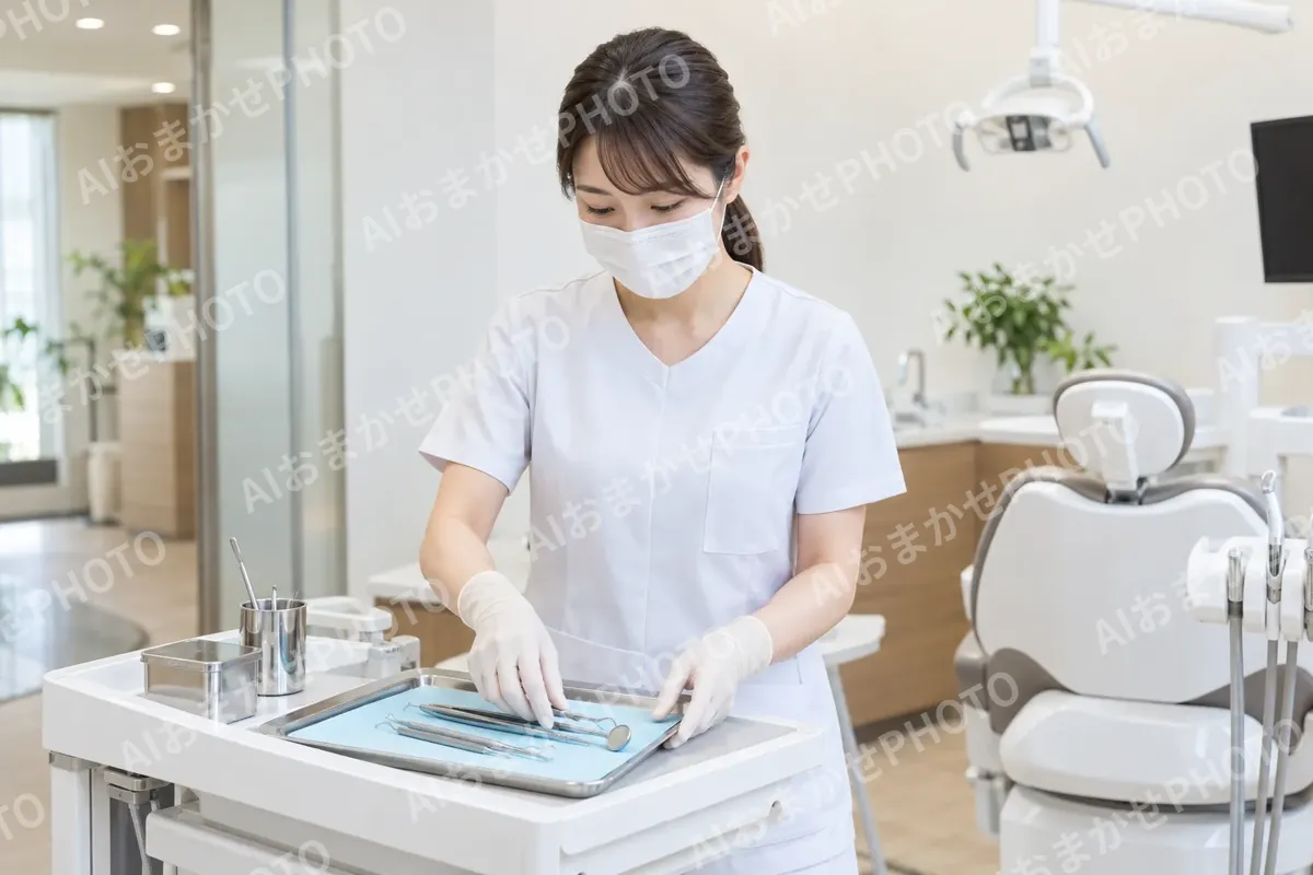器具をトレーに並べる助手（歯科の写真 No.41）