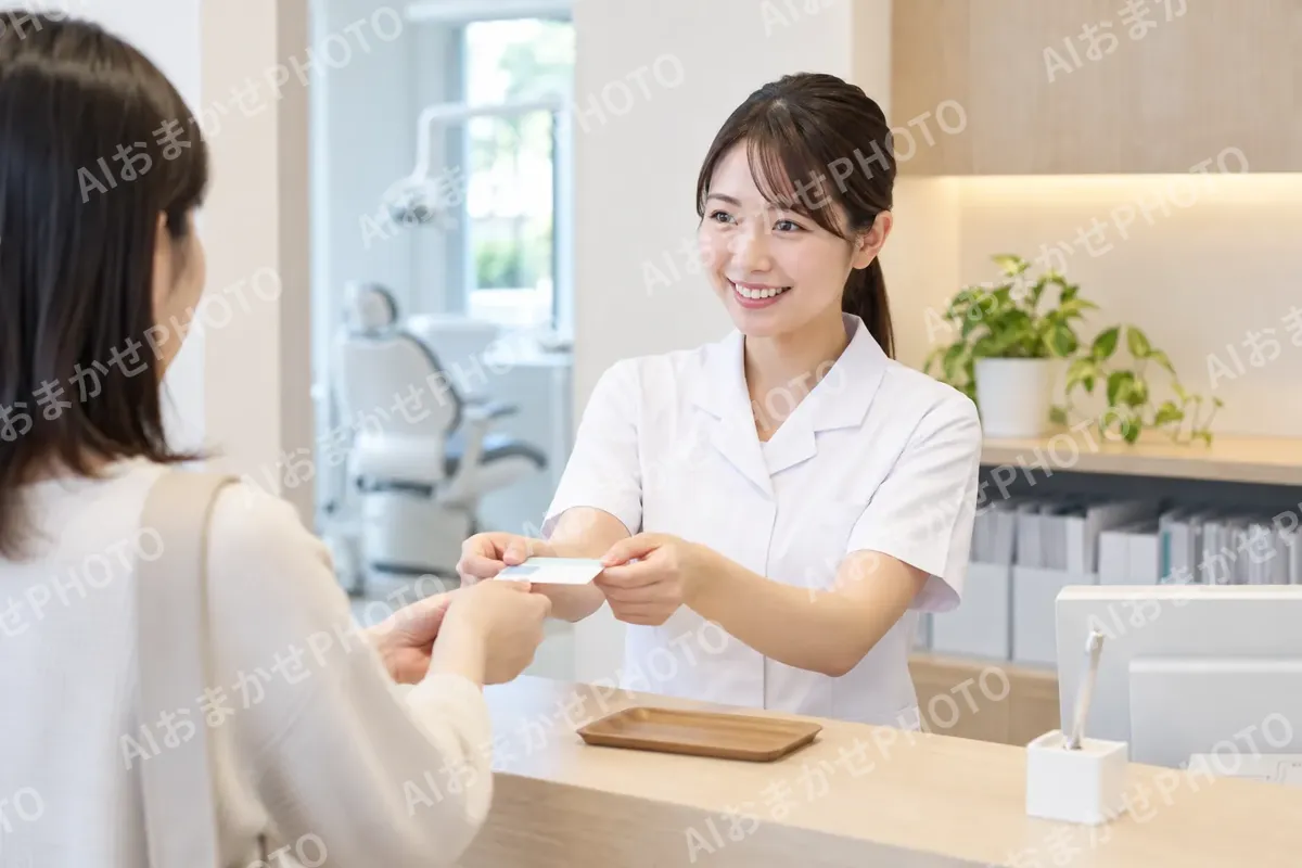 受付で診察券を受け取るスタッフ（歯科の写真 No.43）