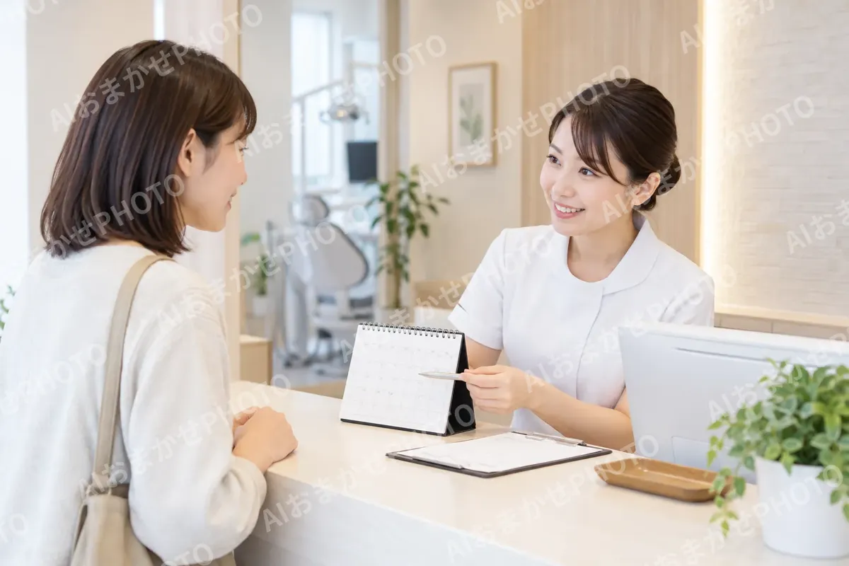 会計で次の予約を決める患者さんとスタッフ（歯科の写真 No.44）