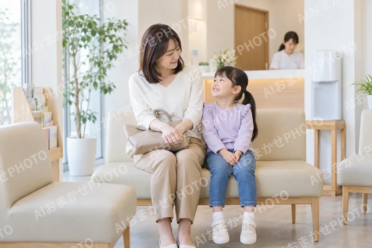 待合で順番を待つ親子（歯科の写真 No.45）