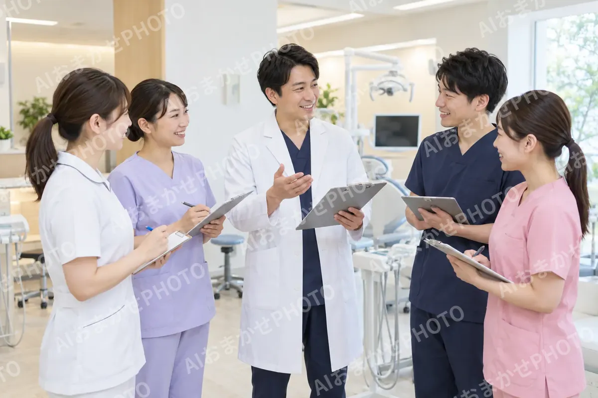 朝の打ち合わせをする歯科医師とスタッフたち（歯科の写真 No.46）