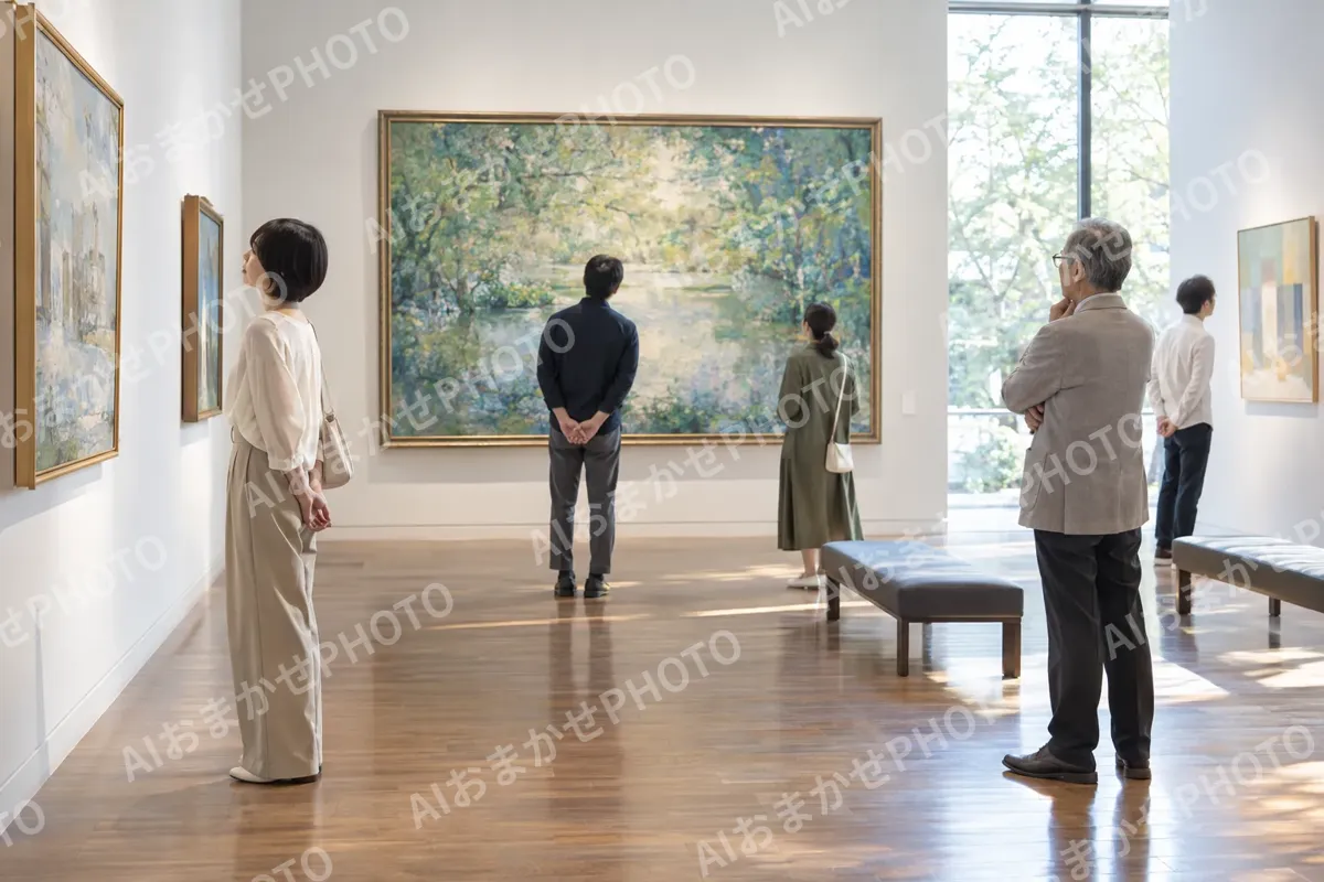 絵の前で立ち止まって見る来館者たち（美術館・ギャラリー・展示の写真 No.25）
