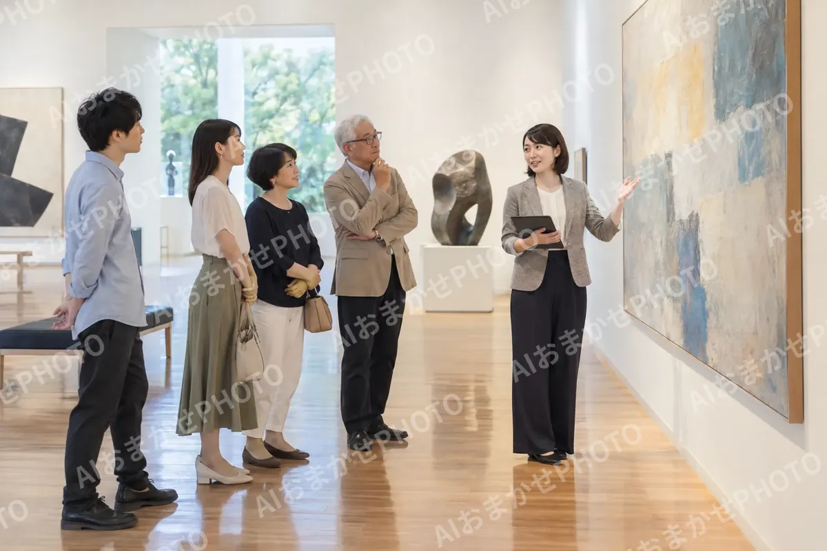 作品の説明をする学芸員と来館者たち（美術館・ギャラリー・展示の写真 No.26）