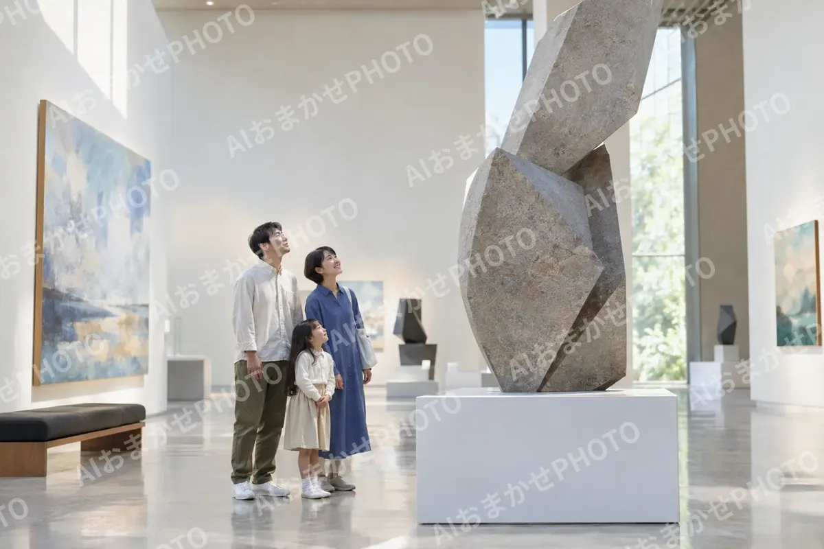 親子で彫刻を見上げる様子（美術館・ギャラリー・展示の写真 No.27）