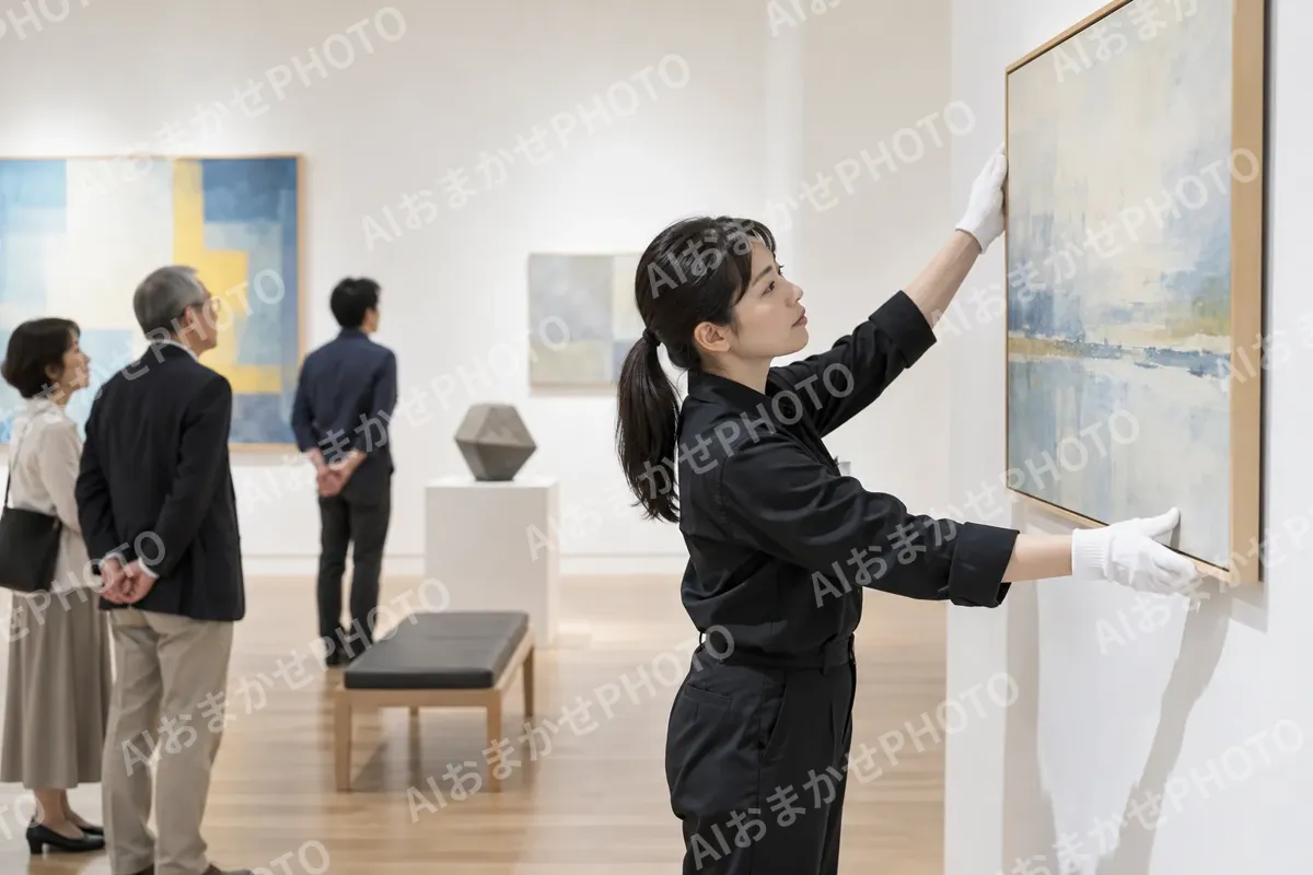 白い手ぶくろで額を壁にかけるスタッフ（美術館・ギャラリー・展示の写真 No.31）