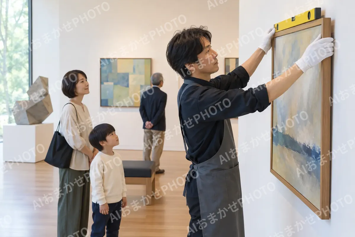 水平の道具で額のかたむきを確かめるスタッフ（美術館・ギャラリー・展示の写真 No.32）