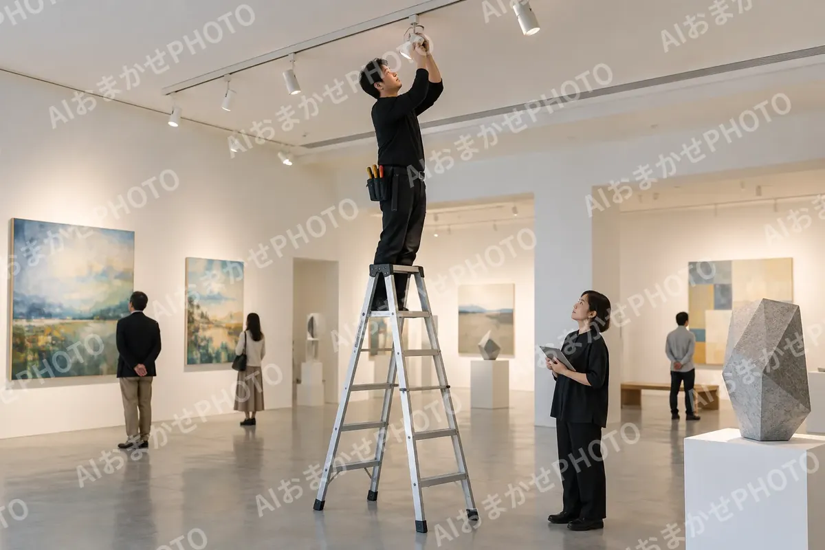 脚立にのって展示の照明を直すスタッフ（美術館・ギャラリー・展示の写真 No.33）