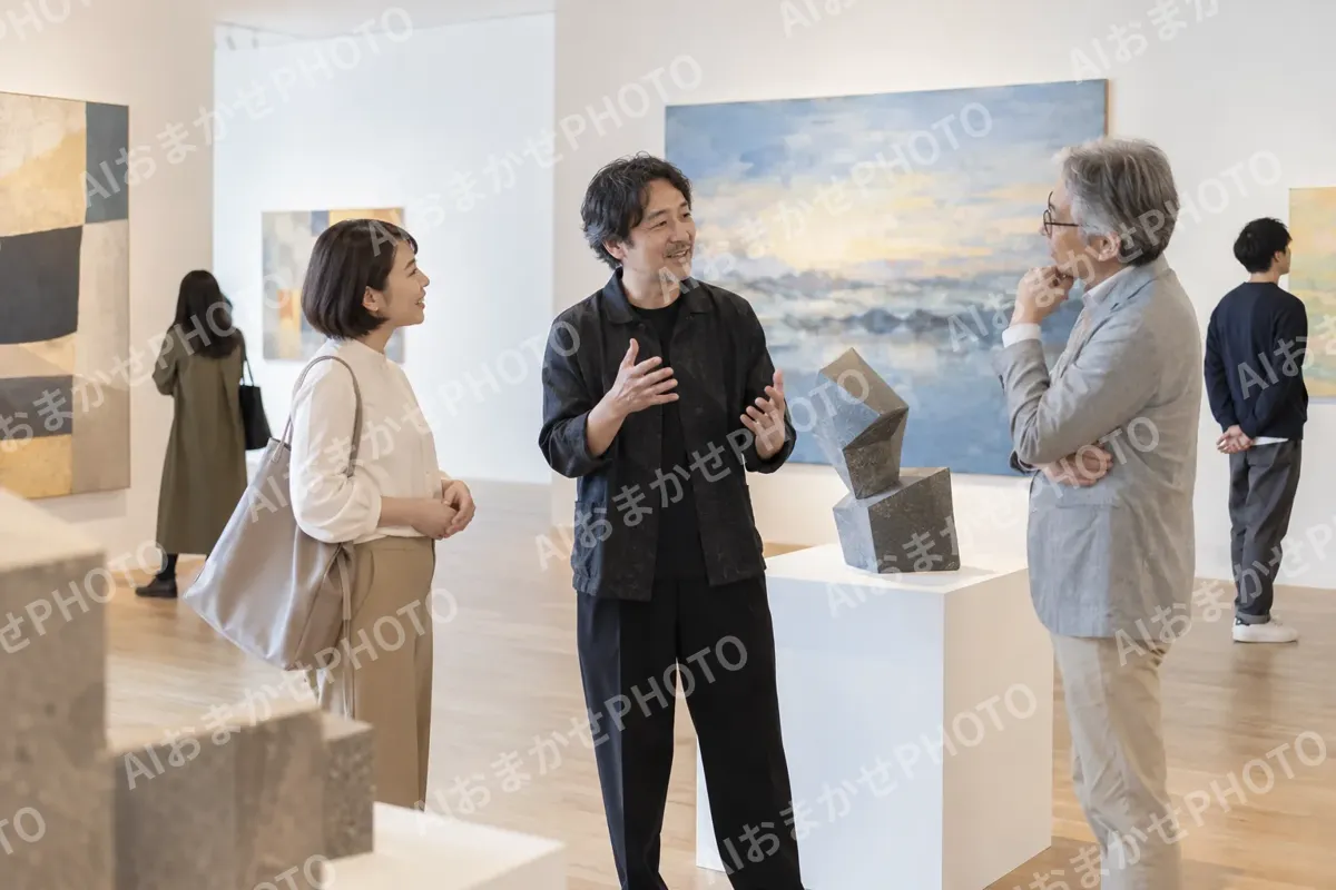 ギャラリーで作家と話すお客様（美術館・ギャラリー・展示の写真 No.35）
