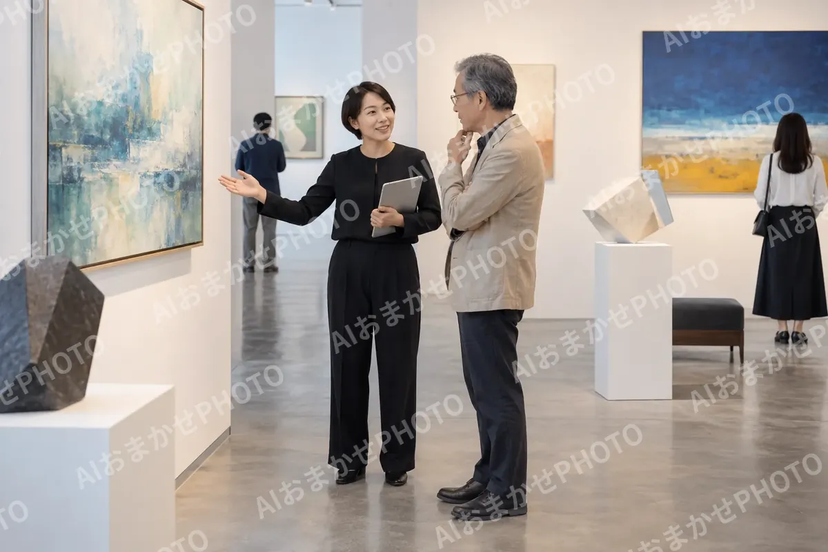 作品を買うお客様と話すギャラリーのスタッフ（美術館・ギャラリー・展示の写真 No.37）