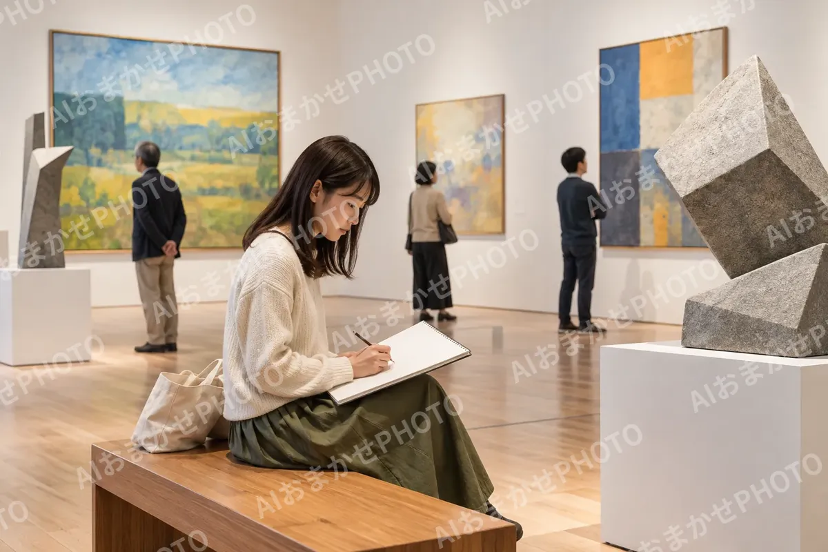 スケッチブックに作品を写す学生（美術館・ギャラリー・展示の写真 No.39）