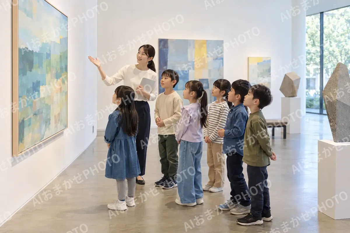 学校の見学で作品を見る子どもたちと先生（美術館・ギャラリー・展示の写真 No.40）