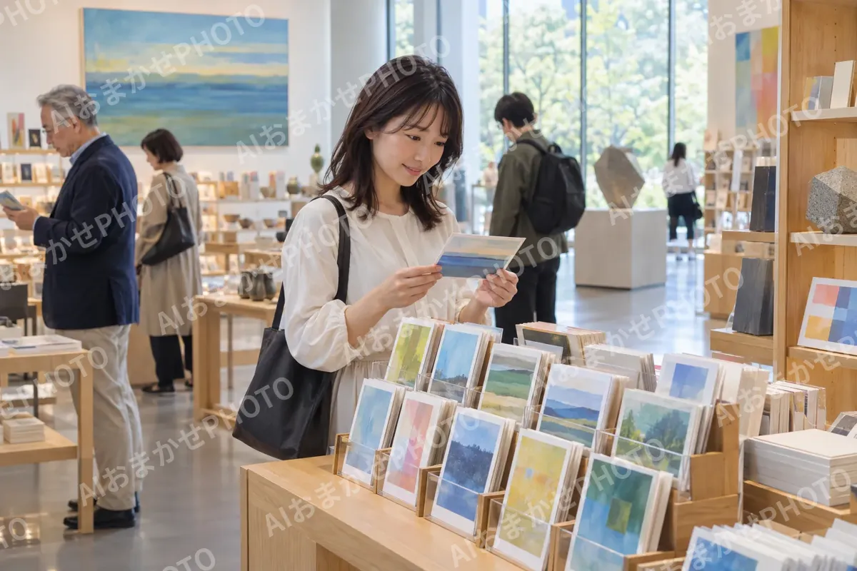 ミュージアムショップで絵はがきを選ぶ来館者（美術館・ギャラリー・展示の写真 No.41）
