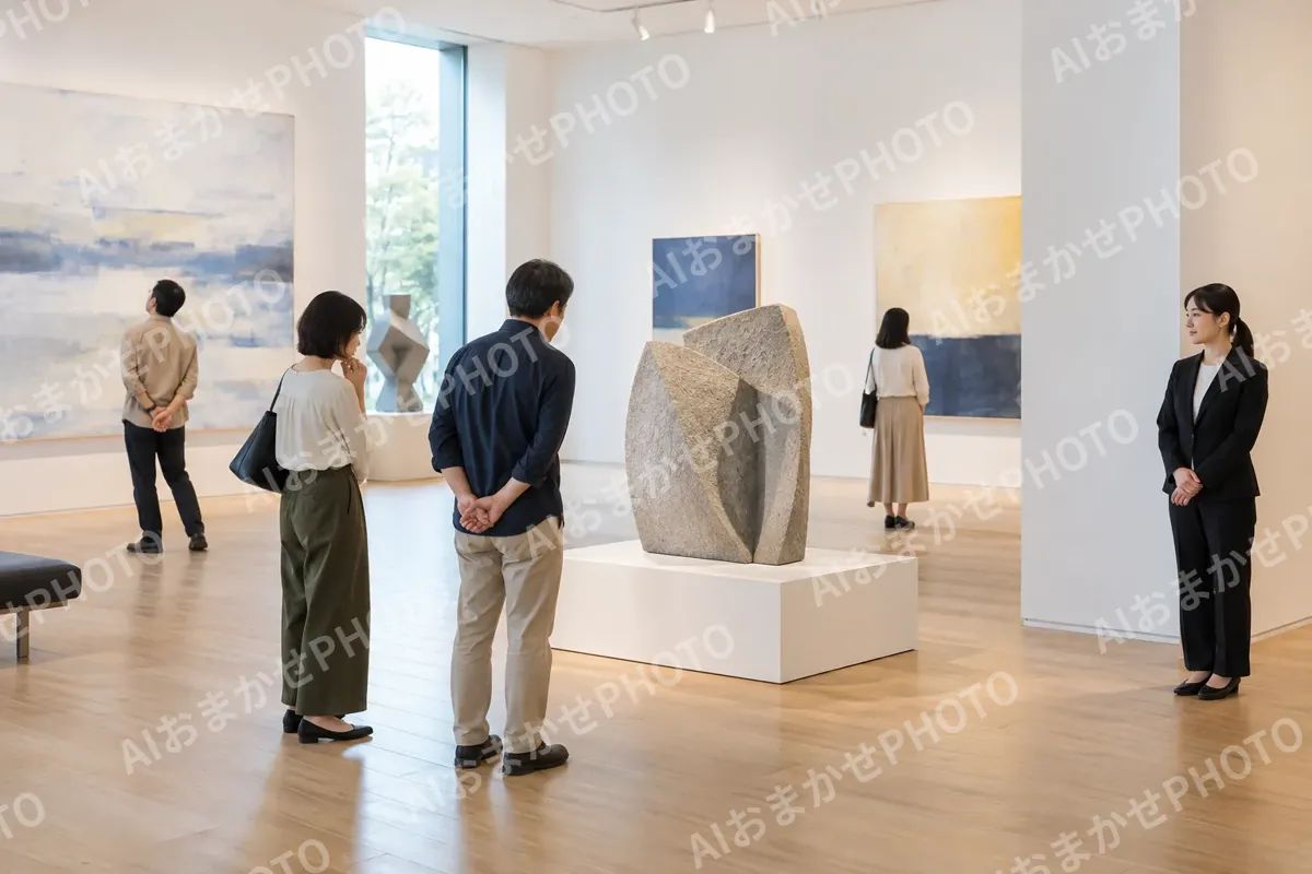 展示室のすみで見守るスタッフ（美術館・ギャラリー・展示の写真 No.43）