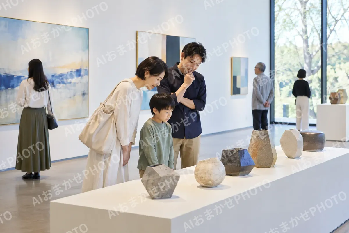 陶芸の作品が並ぶ展示台を見る来館者（美術館・ギャラリー・展示の写真 No.44）