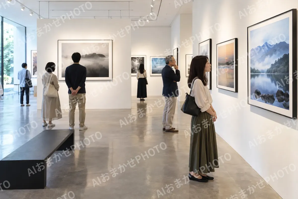 写真展で写真を見る来館者たち（美術館・ギャラリー・展示の写真 No.45）