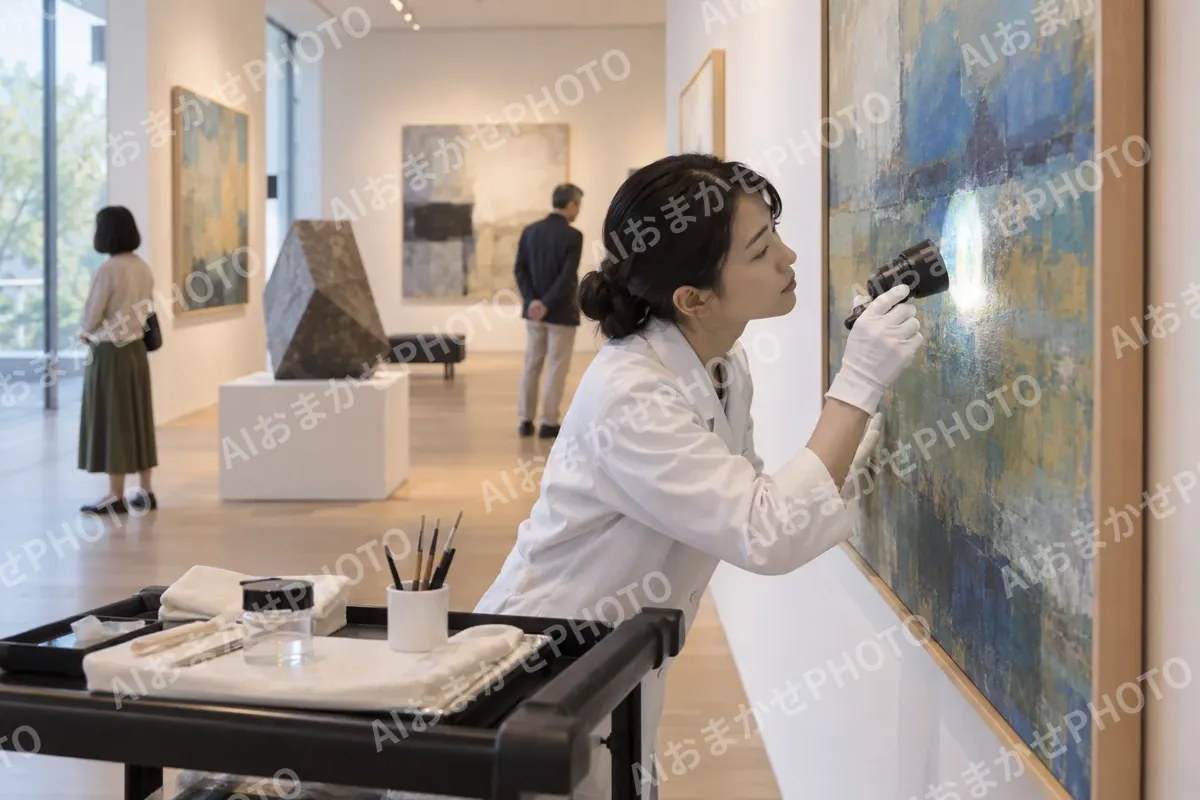 作品の状態をライトで調べる修復のスタッフ（美術館・ギャラリー・展示の写真 No.47）