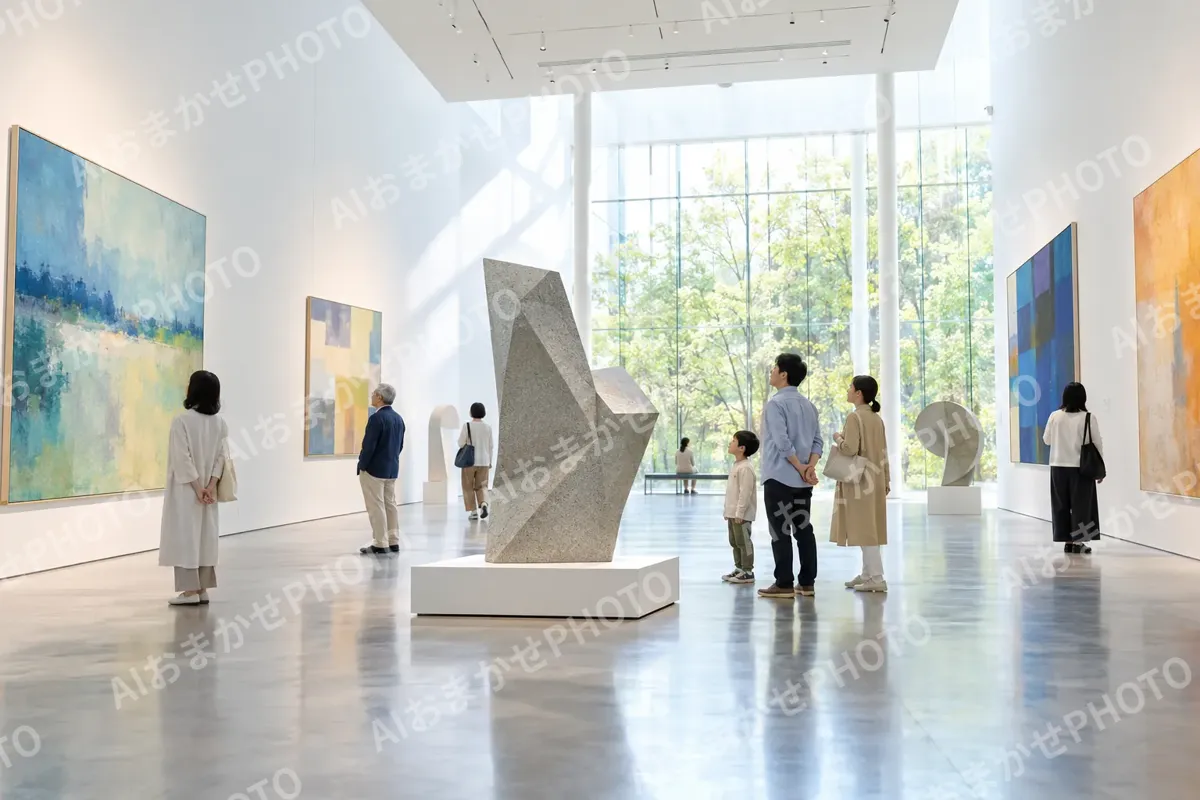 天井の高い展示室と来館者たち（美術館・ギャラリー・展示の写真 No.48）