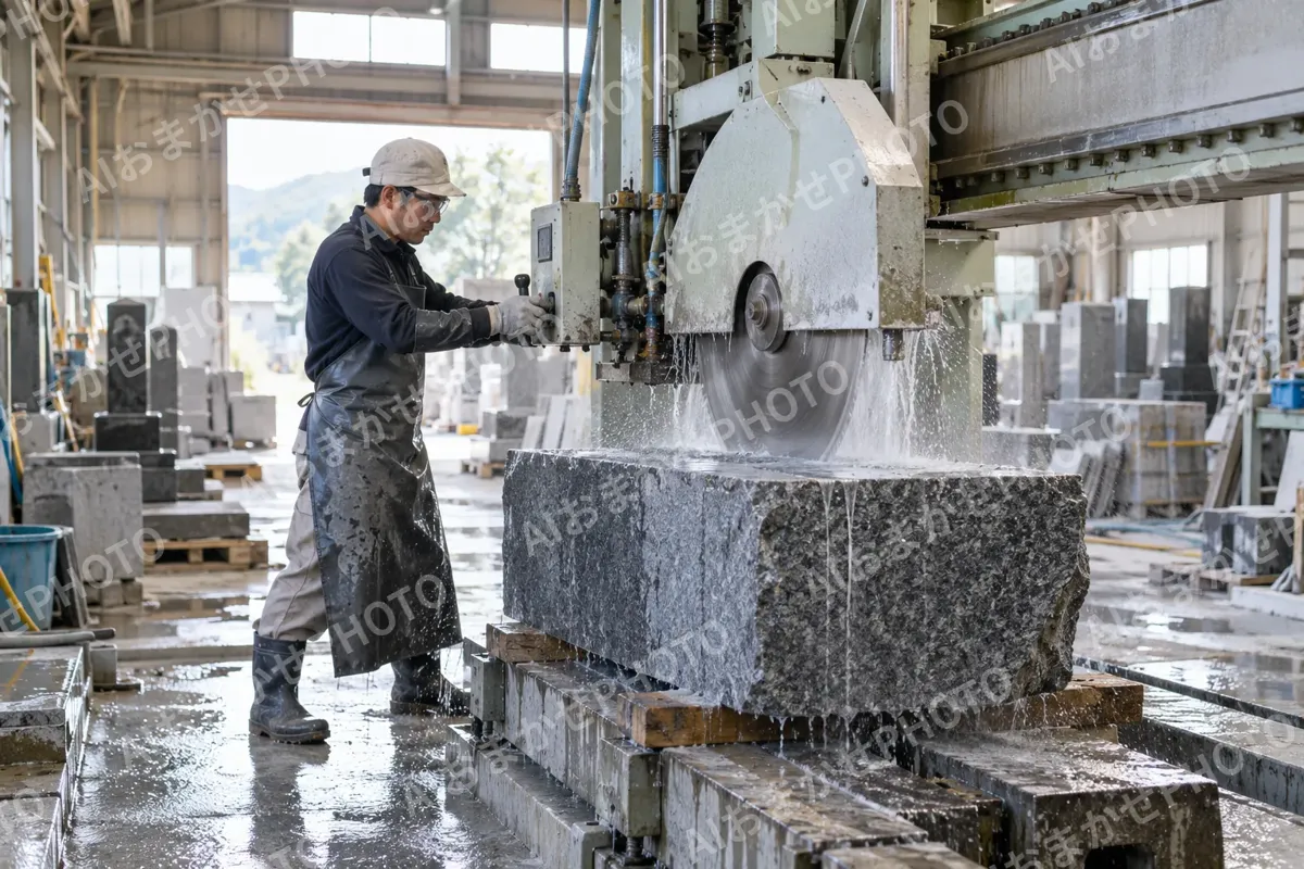 工場で大きな石を機械で切る石工（仏壇・墓石・供養の写真 No.25）