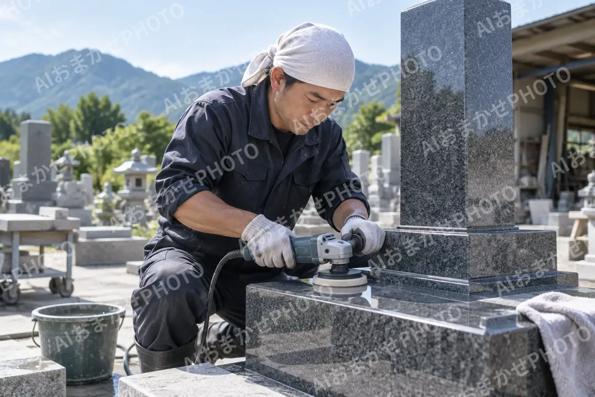 石の表面をみがく石工（仏壇・墓石・供養の写真 No.26）