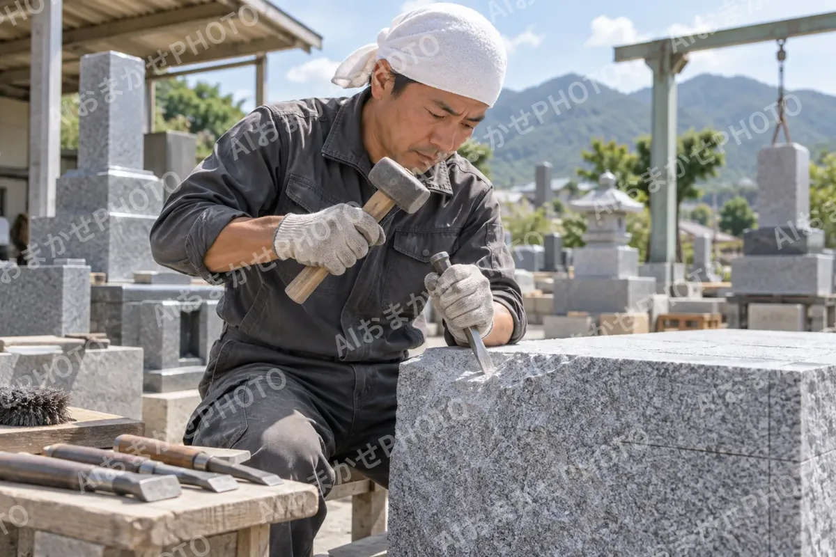 のみとつちで石をほる石工（仏壇・墓石・供養の写真 No.27）