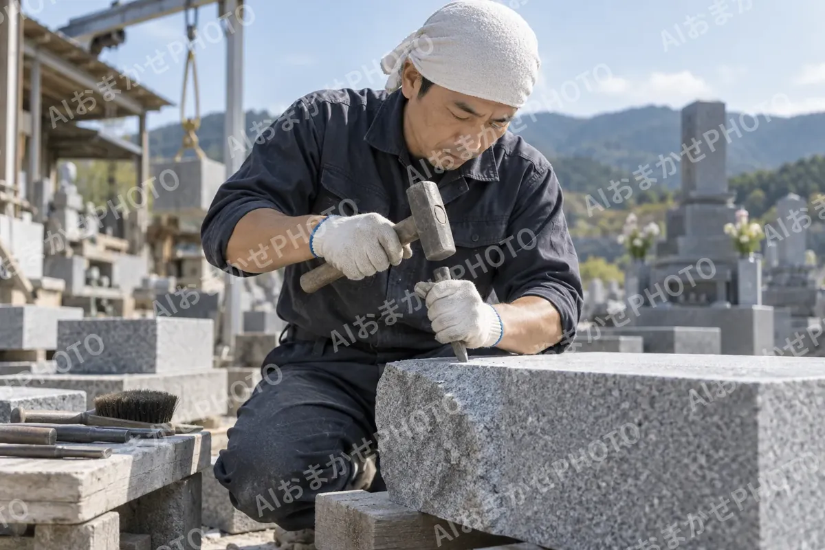 石の角をけずって形をととのえる石工（仏壇・墓石・供養の写真 No.28）