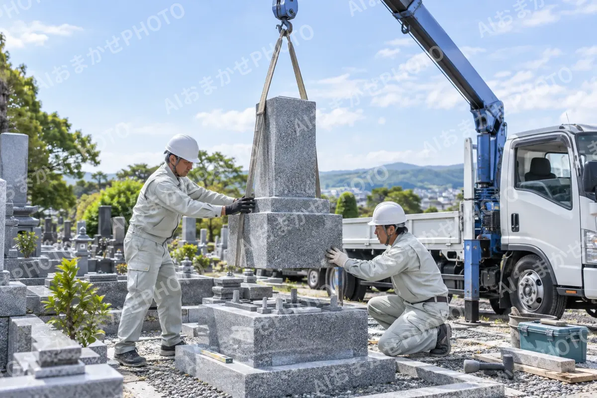 クレーンで墓石をつり上げる作業（仏壇・墓石・供養の写真 No.29）