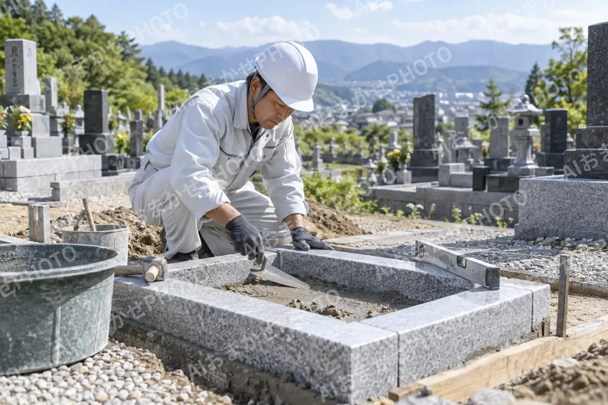 墓地の区画に基礎を作る石工（仏壇・墓石・供養の写真 No.32）