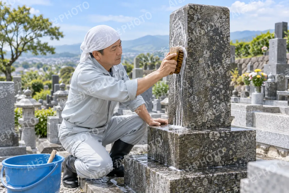 古い墓石を洗ってきれいにする職人（仏壇・墓石・供養の写真 No.33）