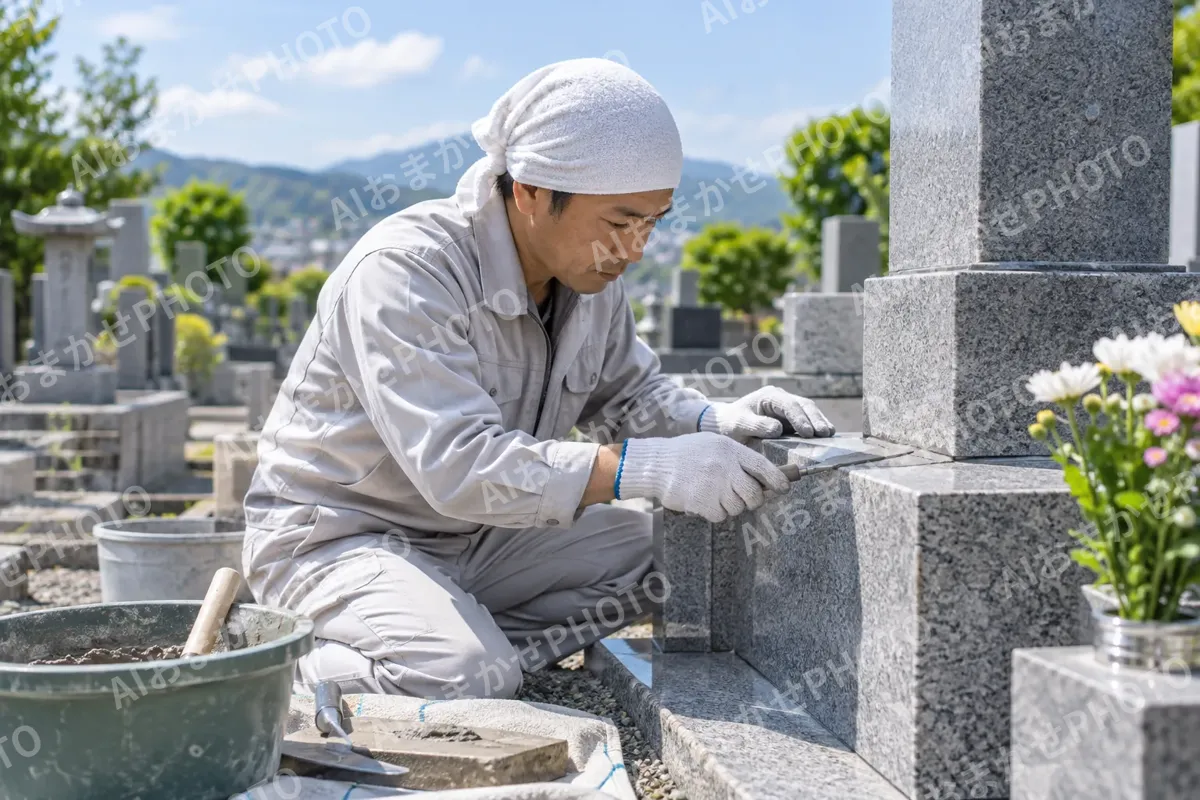 墓石の目地を直す職人（仏壇・墓石・供養の写真 No.34）