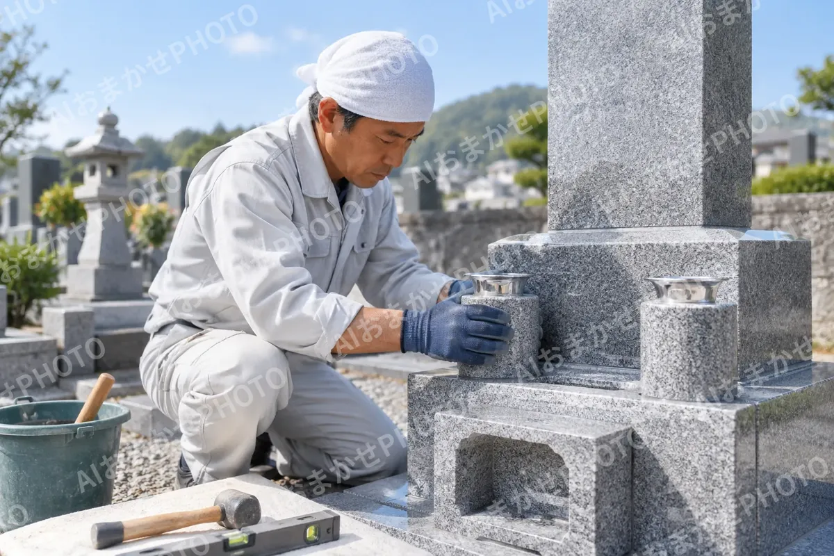 花立てを取り付ける職人（仏壇・墓石・供養の写真 No.35）