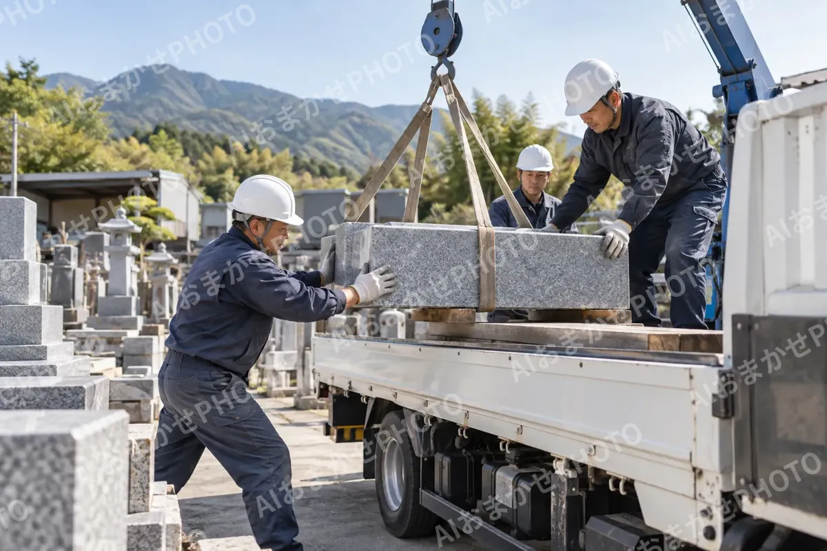 トラックに石を積む石工たち（仏壇・墓石・供養の写真 No.36）