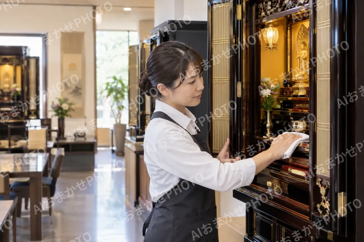仏壇の中をふいて手入れをする店員（仏壇・墓石・供養の写真 No.42）