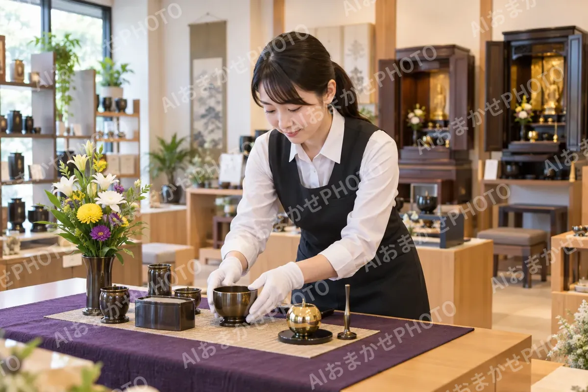仏具を並べる店員（仏壇・墓石・供養の写真 No.43）