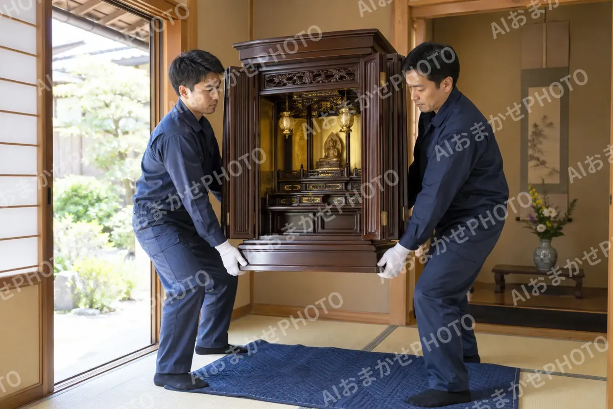 仏壇をお客様の家に運び入れる店員たち（仏壇・墓石・供養の写真 No.44）
