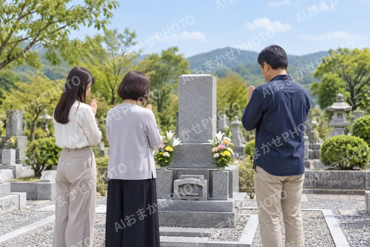 できあがったお墓に手を合わせる家族（仏壇・墓石・供養の写真 No.45）