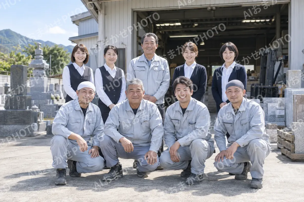 工場の前に並んだ石工と店員の集合写真（仏壇・墓石・供養の写真 No.47）