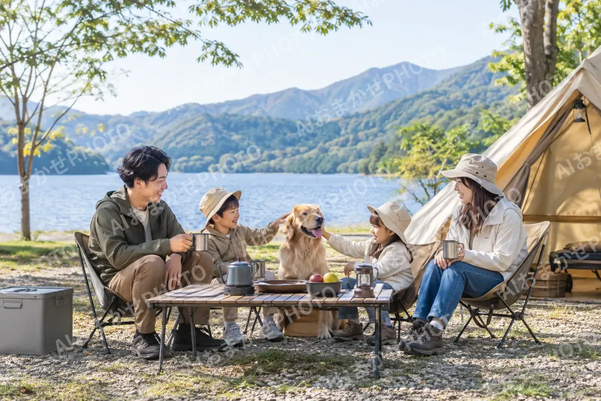犬と一緒にキャンプをする家族（キャンプ場・グランピングの写真 No.30）