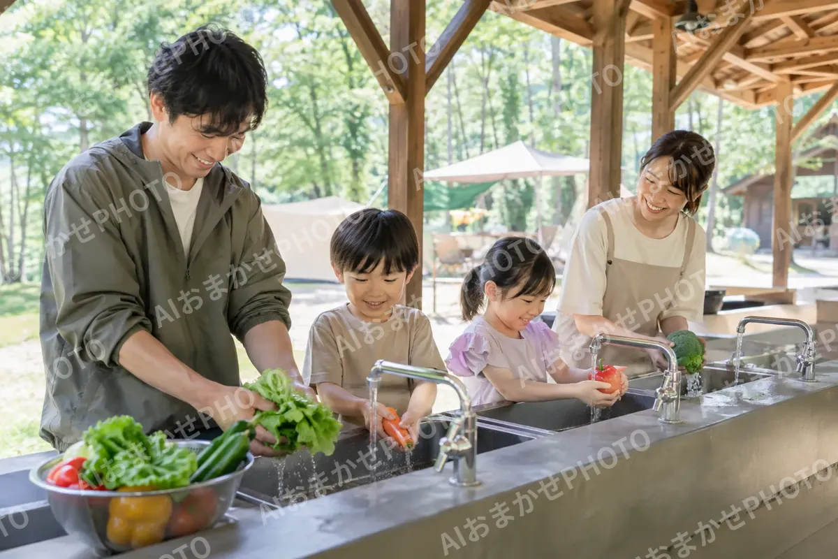 炊事場で野菜を洗う人たち（キャンプ場・グランピングの写真 No.31）
