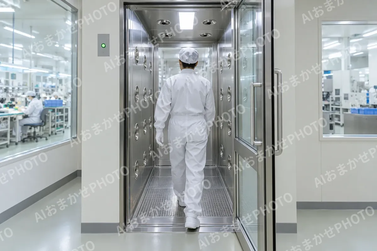 エアシャワーの部屋を通る作業員（電子部品・電機の写真 No.62）