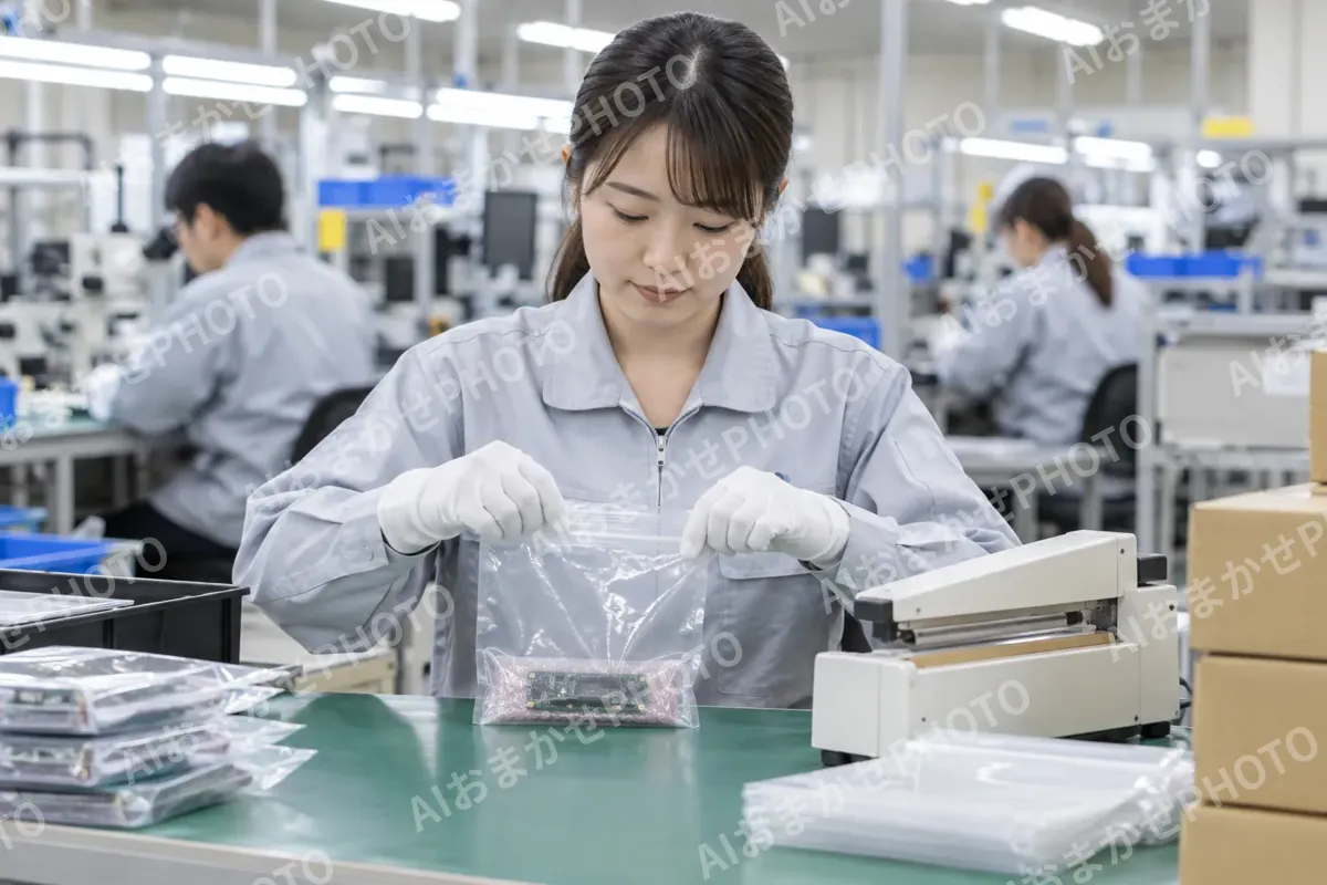 製品をふくろに入れて口をとじる作業員（電子部品・電機の写真 No.63）