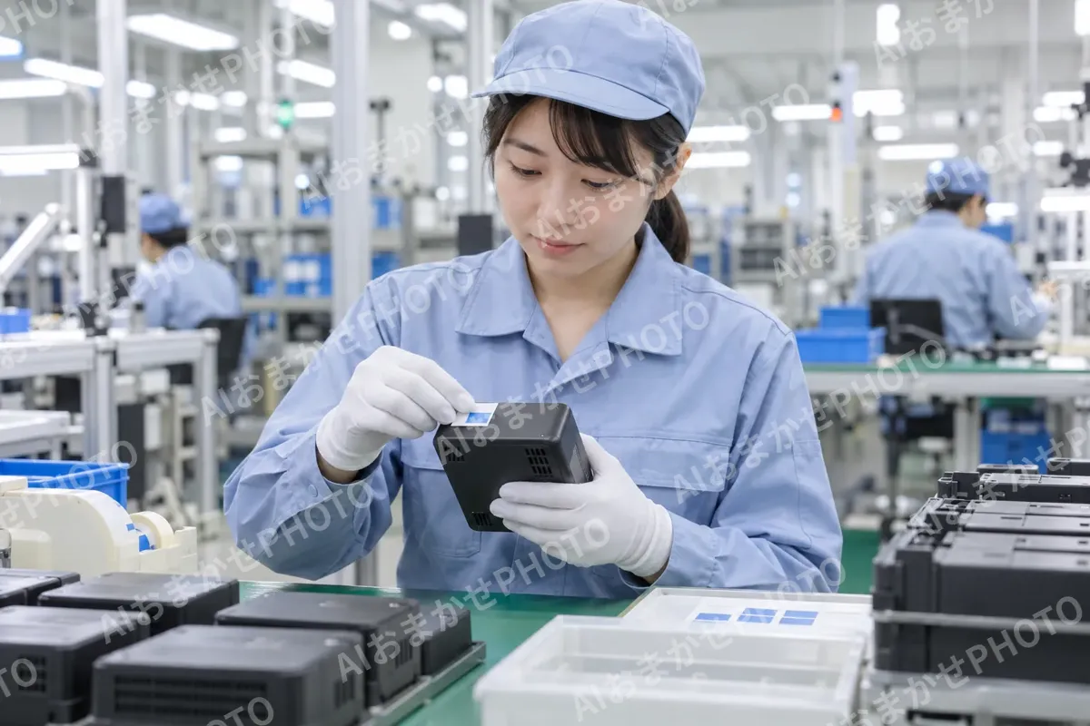 製品にシールをはる作業員（電子部品・電機の写真 No.64）
