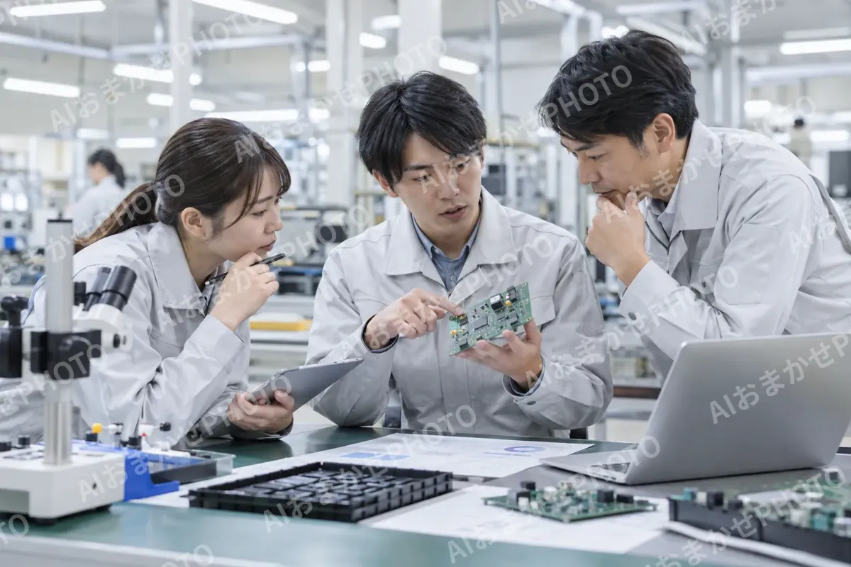 不良の原因を話し合う技術者たち（電子部品・電機の写真 No.67）